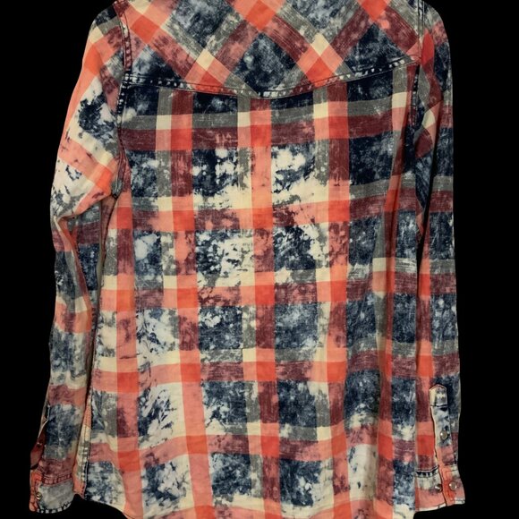 Justify Collar Denium Western Double Pocket Button Snap Pearl Plaid Women L Red - Picture 3 of 6